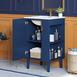English Elm 20-inch French Style Bathroom Vanity with Integrated Ceramic Sink, Carved Accents & Soft-Close Door Blue N710P330971C