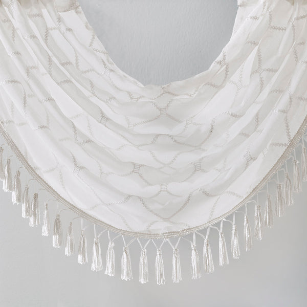 JLA Home Madison Park - Diamond Sheer Valance with Embroidered Diamond Motif, Tassel Trim, Waterfall Drape for Soft Light White MP41-4933