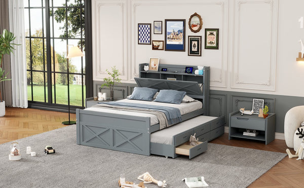 English Elm Full Full Size Wooden Bed with Storage Headboard, Built-In Outlets, Trundle & 3 Drawers for Space-Saving Bedrooms Gray 80.51 L x 17.12 W x 4.57 H N733S172712E