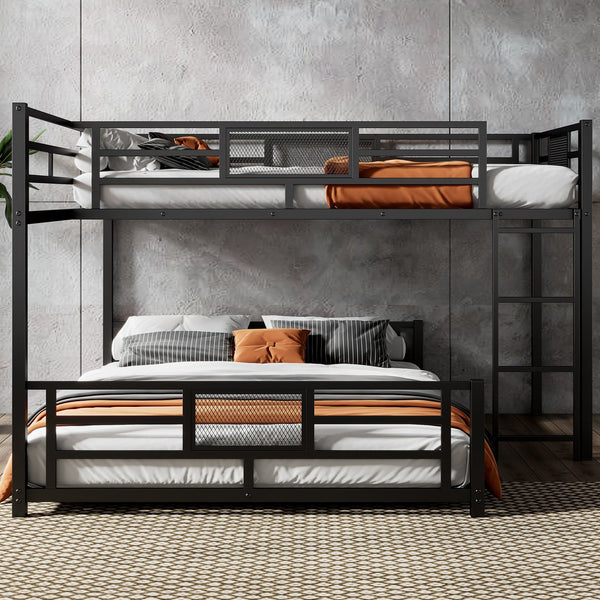 English Elm L-shaped Metal Twin over Full Bunk Bed with Durable Steel Frame, Space-Saving Design and Kid-Friendly Safety Features Black N709P196510B