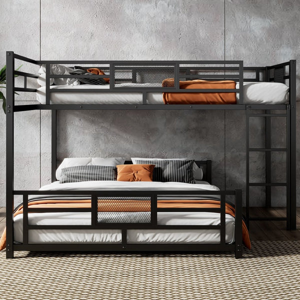 English Elm L-shaped Steel Twin Over Full Bunk Bed Corner Frame with Guardrails for Kids N750P196510B