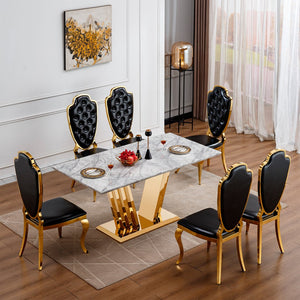 English Elm Marble Dining Table For 6 – Modern Faux Marble Kitchen Table With Chrome Base, Stylish & Durable Design W3456S00020