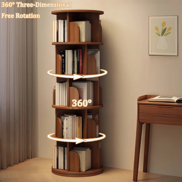English Elm 5 Tier Rotating Bookshelf Tower with 360° Spin, Space-Saving Corner Display, Modern MDF Storage Unit Walnut W3204P355670