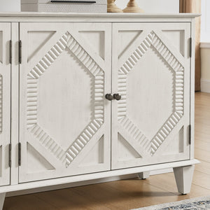 English Elm 65.2" Mid Century Sideboard Buffet with Fluted Geometric Doors, Spacious Adjustable Shelves & Brass Accents Antique White W1801P346230