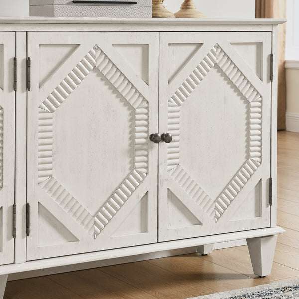 English Elm 65.2" Mid Century Sideboard Buffet with Fluted Geometric Doors, Spacious Adjustable Shelves & Brass Accents Antique White W1801P346230