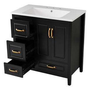 English Elm Christopher Knight Home® - 36" Freestanding Bathroom Vanity with Resin Sink, Soft-Close Doors & Drawers, Gold Alloy Handles, Spacious Storage and Easy Plumbing Access Black N759P292552B