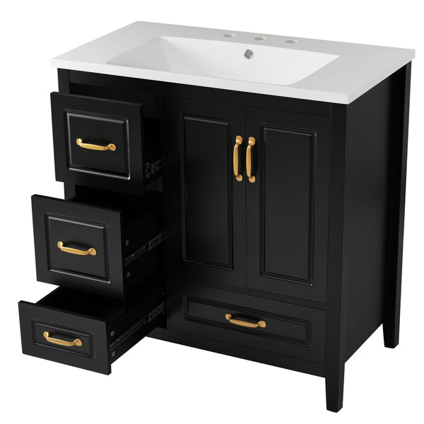 English Elm Christopher Knight Home® - 36" Freestanding Bathroom Vanity with Resin Sink, Soft-Close Doors & Drawers, Gold Alloy Handles, Spacious Storage and Easy Plumbing Access Black N759P292552B