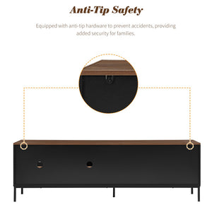 English Elm U-can Mid Century Walnut Media Console with Sliding Doors and Metal Frame for Living Rooms Black N724P360370B