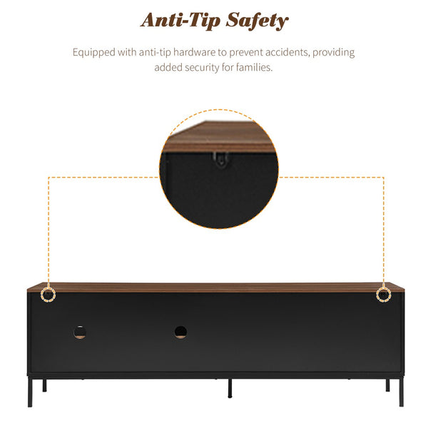 English Elm U-can Mid Century Walnut Media Console with Sliding Doors and Metal Frame for Living Rooms Black N724P360370B