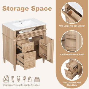 English Elm "30'' 30 Inch Freestanding Bathroom Vanity Solid Pine Cabinet Ceramic Sink Soft Close Storage N725P375498T