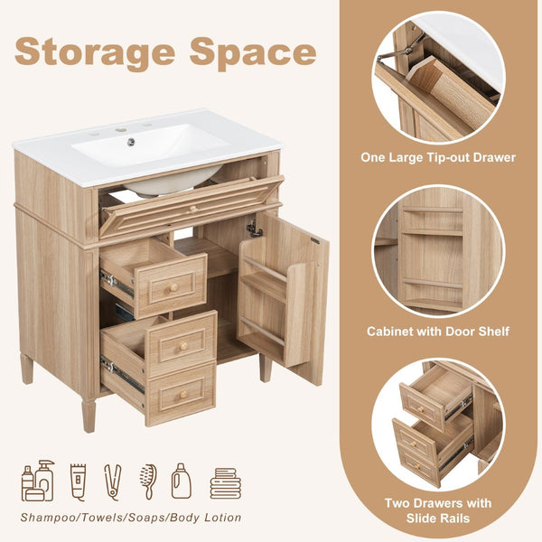 English Elm "30'' 30 Inch Freestanding Bathroom Vanity Solid Pine Cabinet Ceramic Sink Soft Close Storage N725P375498T
