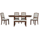 English Elm 6-Piece Dining Table Set, 60Inch To 78Inch Extendable Wood Dining Table With Removable Leaf, Kitchen Table Set With 4 Upholstered Side Chair and Bench, Dining Table Set For 6 (Cherry)