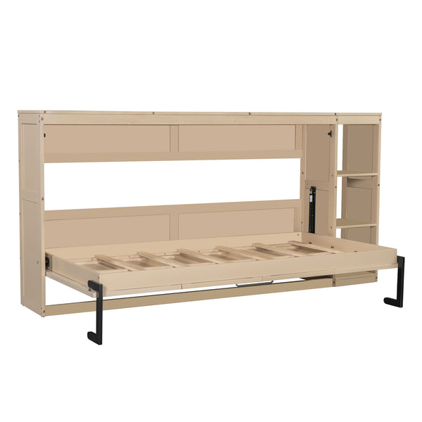 English Elm Twin Space-Saving Murphy Bed with Bookshelf and Fold-Down Desk, LVL/MDF, Compact Modern Design Natural GX002221AAN