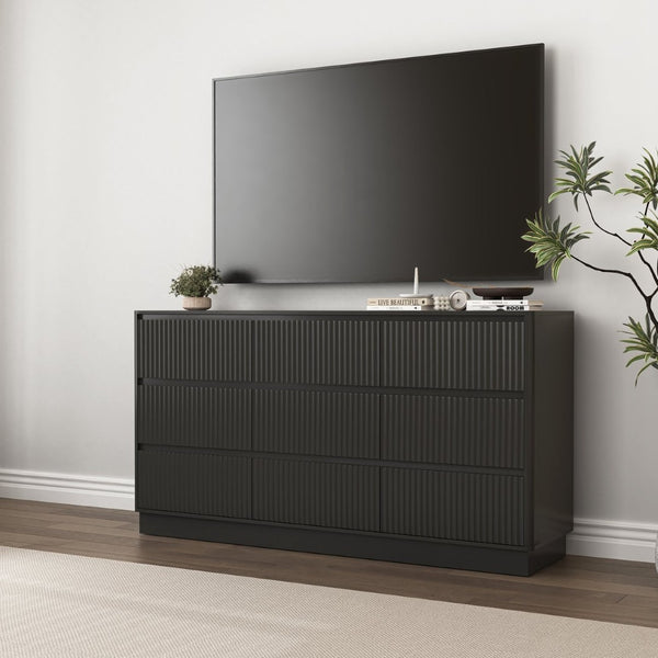 English Elm 9 Drawer Mid Century Wood Dresser Low Profile Matte Finish Bedroom Storage Cabinet Black W409S00011