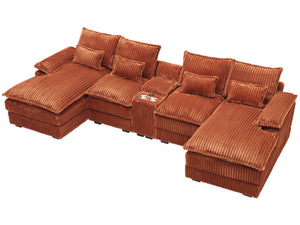 English Elm 120-inch Modular U-shaped Sectional Woolen Sofa with Usb Console Six Seat Living Room Orange W2564S00104