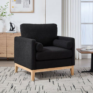 English Elm 35.4" Wide Modern Farmhouse Accent Chair With Soft Black Boucle, Natural Wood Legs & Bolster Pillows W3118P283468