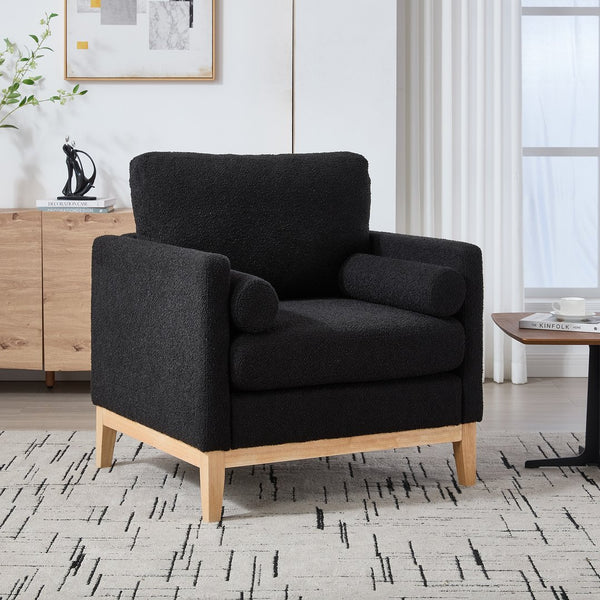 English Elm 35.4" Wide Modern Farmhouse Accent Chair With Soft Black Boucle, Natural Wood Legs & Bolster Pillows W3118P283468