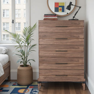 English Elm Tranquility Five Drawer Walnut Veneer Chest with Mid-century Legs and Bronze Hardware B108P411444
