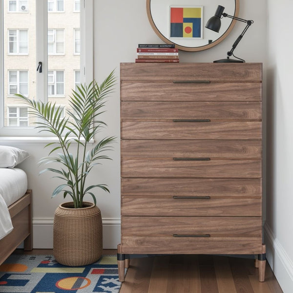 English Elm Tranquility Five Drawer Walnut Veneer Chest with Mid-century Legs and Bronze Hardware B108P411444