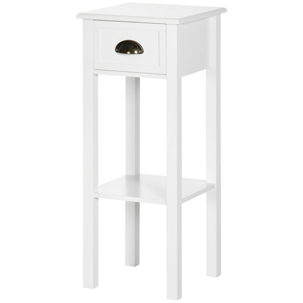 English Elm HOMCOM Narrow 2-Tier Side Table with Drawer and Elevated Shelf — Slim Accent End Table, Sturdy Storage White W2225P200905