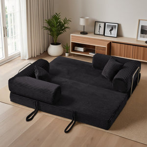 English Elm Compression Foldable Floor Sofa Bed Corduroy Futon with Foam Support for Small Spaces Black W3716P379175