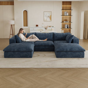English Elm 118.2" Modular Cloud Sofa Corduroy Upholstered Deep Seat Lounge for Living Room Blue W2824S00155