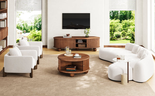 English Elm Round Fluted Pine Wood Coffee Table with Hidden Sliding Door Storage for Living Room Walnut N735P369879D