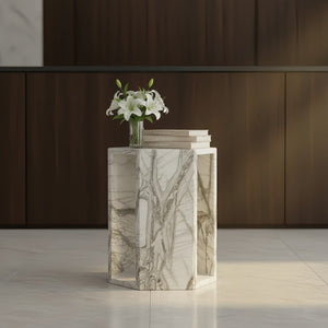 English Elm Genuine Solid Marble Hexagonal Pedestal End Table Polished Stone for Modern Living White+Multi W1696P408000