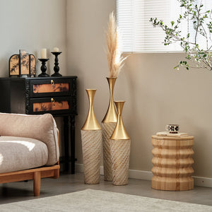 English Elm Floor Metal Vase Set - 3-Piece Modern Geometric Decor With Woven Texture & Glazed Finish,  Tall Accent W2796P255611