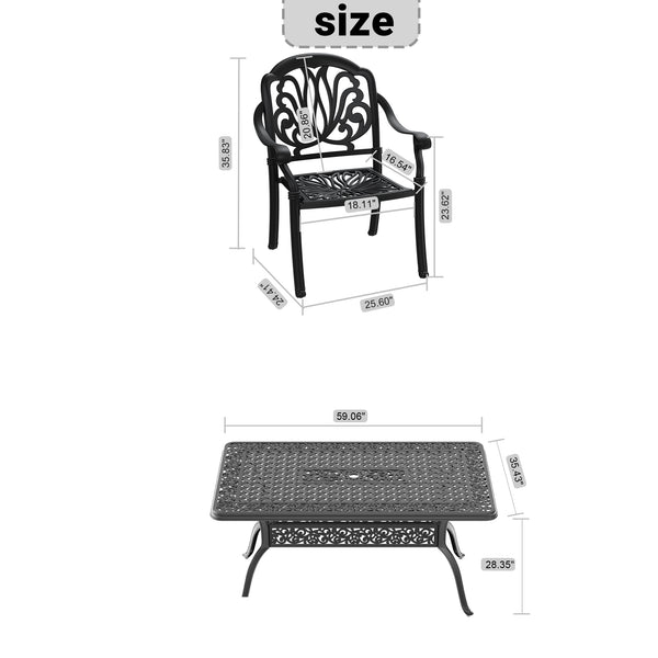 English Elm 5-Piece Cast Aluminum Patio Furniture Set With Brown Cushions, Umbrella Hole, Stacking Chairs W1710S00145