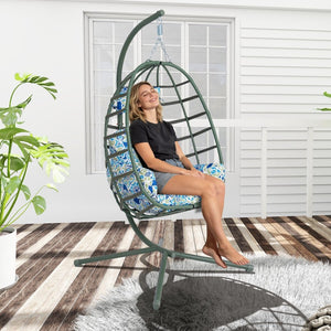 English Elm Egg Hanging Chair with Stand Pe Rattan Swing Seat Washable Cushion 350lb Capacity T5880P497441