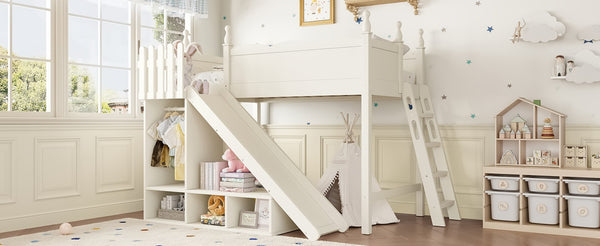 English Elm Twin Loft Bed Solid Pine Frame with Wardrobe Shelving Detachable Slide Kids Room Beige W5305S00018