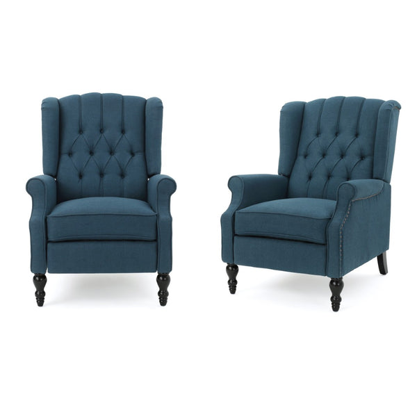 English Elm Charcoal Wingback Pushback Recliner with Button Tufted Diamond Fabric Upholstery Dark Blue N763P410529C