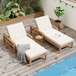 English Elm Trexm Outdoor Acacia Wood Chaise Lounge Set Two Adjustable Poolside Reclining Chairs Light Teak TM000013AAD