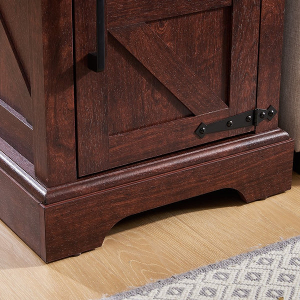 English Elm Farmhouse Rustic End Table with Barn Door Concealed Storage, Metal Handle, Retro Decor, Sturdy Base Oak W2275P192794