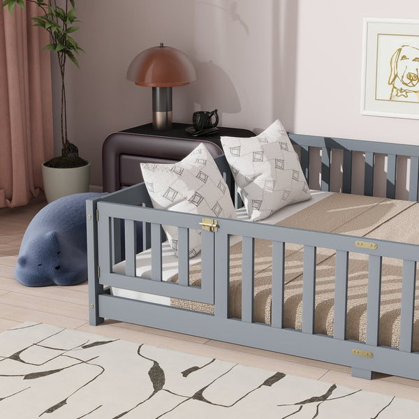 English Elm Queen Floor Bed with Safety Fence and Guardrails, Rubberwood Low Profile Platform for Kids Grey W504P286386