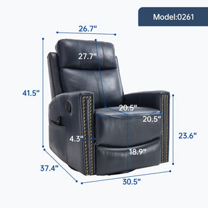 English Elm Blue Genuine Leather Rocker Swivel Recliner with Massage Heat for Living Room W1803P323714