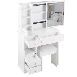 English Elm 29.2" Compact Left Drawer Vanity Table Set With Touch Control Led Mirror & Cushioned Stool For Small Spaces W3258P299611