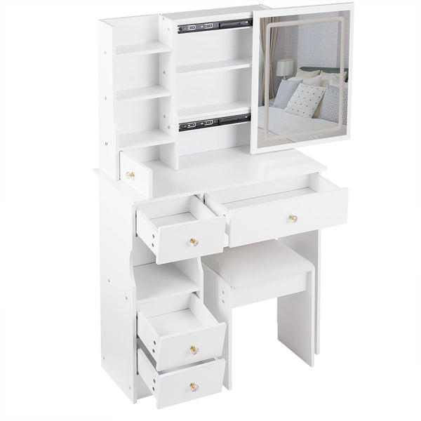 English Elm 29.2" Compact Left Drawer Vanity Table Set With Touch Control Led Mirror & Cushioned Stool For Small Spaces W3258P299611