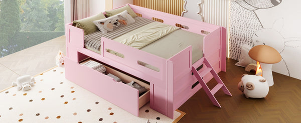 English Elm Wood Twin Platform Bed for Kids with Fence Guardrail and Under Storage Drawer Pink N709P385776H