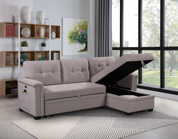 English Elm Aurora Sleeper Sectional Sofa with Storage Chaise Usb Ports and Tufted Cushions B2749S00177