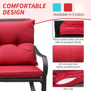 English Elm Metal Outdoor 2-Person Rocking Patio Set with Handwoven Wicker, Plush Cushions & Sturdy Table Red W1859P399566