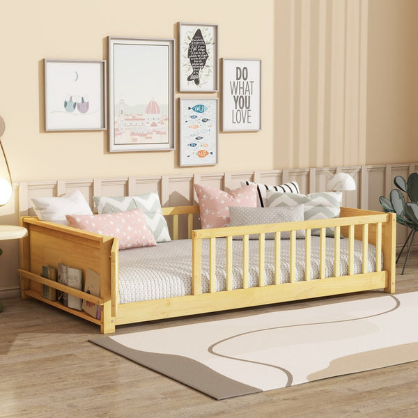 English Elm Twin Size Floor Bed With Book Rack & Fenced Door For Cozy Playtime, Natural Finish Design & Assembly W504P345771-GIGA