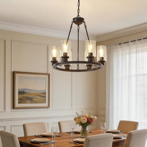 English Elm 23.62'' Farmhouse Wagon Wheel Chandelier Six Seeded Glass Shades Brown Metal Finish W5008P468517