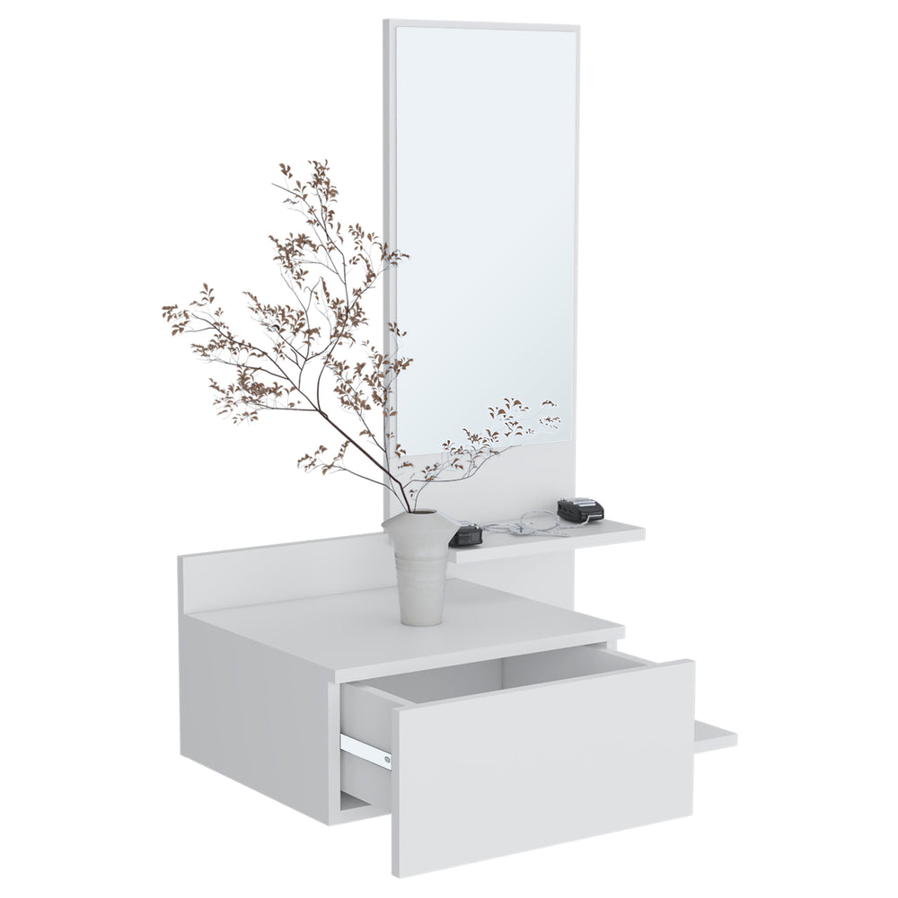 English Elm Vienna Floating Mirror Console Table with 3-Tier Shelves, Full-Extension Drawer, Modern Entryway Charm White 31.5 L x 18.2 W x 6 H B200P240257
