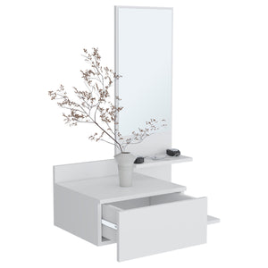English Elm Vienna Floating Mirror Console Table with 3-Tier Shelves, Full-Extension Drawer, Modern Entryway Charm White 31.5 L x 18.2 W x 6 H B200P240257