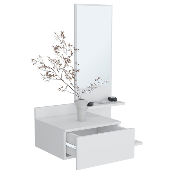 English Elm Vienna Floating Mirror Console Table with 3-Tier Shelves, Full-Extension Drawer, Modern Entryway Charm White 31.5 L x 18.2 W x 6 H B200P240257