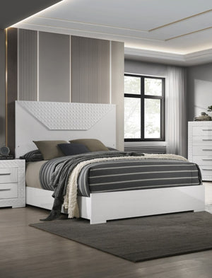 English Elm White Glam Queen Bed with High-Gloss Finish and LED Headboard, Engineered Wood Modern Design White 83 L x 34.5 W x 6 H B2741S00162