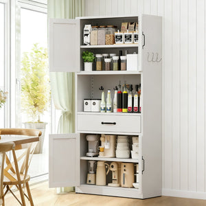 English Elm 71 Inch Steel Kitchen Pantry Cabinet with Adjustable Shelves Drawer and Hooks Modern White T2398P413028