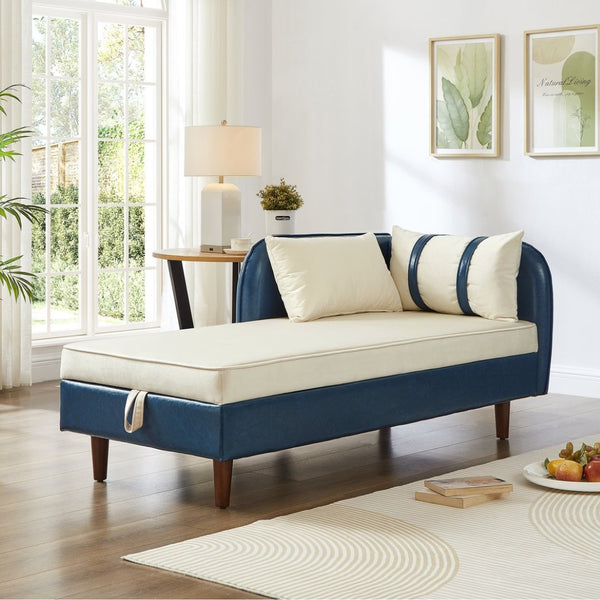 English Elm 65" Velvet Storage Chaise Lounge with Pu Leather Panels Eucalyptus Frame Accent Seat Beige+Blue W1097P434117